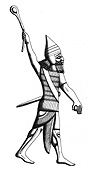 Fig. 30a-b. An Assyrian slinger depicted in the relief and slingstones from Lachish