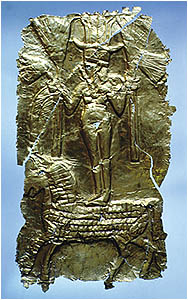 Fig. 7. A gold plaque portraying a naked Canaanite deity standing on a horse